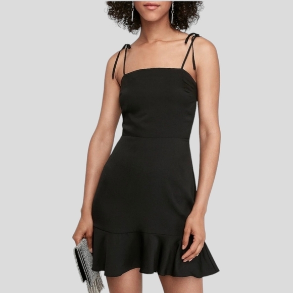 Express Tie Shoulder Ruffle Hem Fit and Flare Mini Dress in Pitch Black Size M - Picture 1 of 13